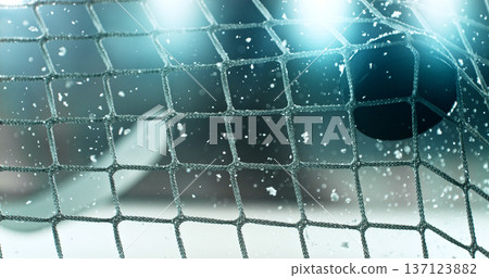 Action sports photo of a hockey puck flying into the goal net during a scoring shot, with ice particles in the air and a hockey stick visible in the background, capturing speed and intensity. 137123882