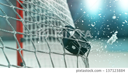 Action sports photo of a hockey puck flying into the goal net during a scoring shot, with ice particles in the air, capturing speed and intensity. 137123884