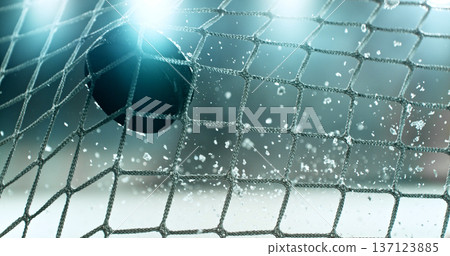 Action sports photo of a hockey puck flying into the goal net during a scoring shot, with ice particles in the air, capturing speed and intensity. 137123885