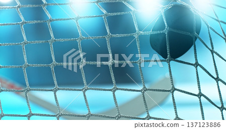 Action sports photo of a hockey puck flying into the goal net during a scoring shot, with ice particles in the air and a hockey stick visible in the background, capturing speed and intensity. Action sports photo of a hockey puck flying into the goal net during a scoring shot, with ice particles in the air and a hockey stick visible in the background, capturing speed and intensity. 137123886