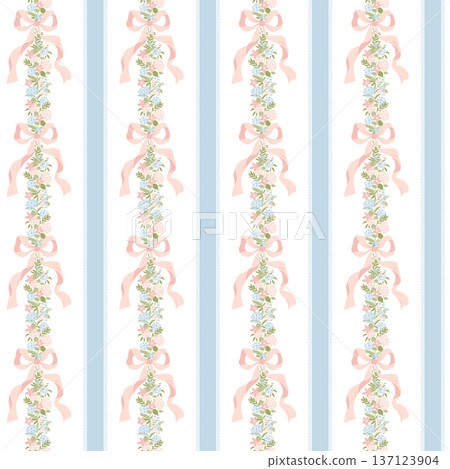 Floral striped coquette vintage seamless pattern with hydrangea flowers, ribbons, wavy stripes. Vector grandmillennial wallpaper 137123904