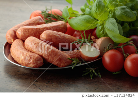 Sausages with basil and tomatoes on a old table. 137124024