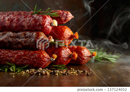 Smoked and dry cured sausages on a old wooden table. Smoked and dry cured sausages on a old wooden table. 137124032