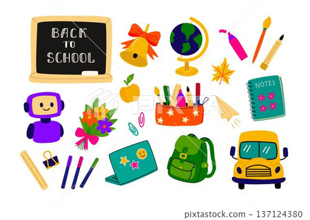 Set of school-related elements: backpack, blackboard, globe, markers, bell, bus, robot, stationery. Hand-drawn colorful vector. Great for posters, stickers, kids projects, prints, and web use. Set of school-related elements: backpack, blackboard, globe, markers, bell, bus, robot, stationery. Hand-drawn colorful vector. Great for posters, stickers, kids projects, prints, and web use. 137124380