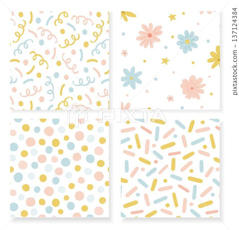 Set of four seamless children's patterns pastel pink yellow blue confetti florals stars dots on white background hand drawn vector illustration texture fabric wrapping paper wallpaper textile kid baby Set of four seamless children's patterns pastel pink yellow blue confetti florals stars dots on white background hand drawn vector illustration texture fabric wrapping paper wallpaper textile kid baby 137124384
