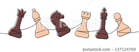 Minimalist linear chess composition with queen, bishop, knight, rook, king, and pawn connected by a single elegant line 137124709