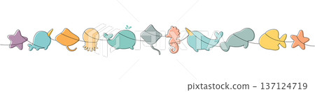 Color one-line marine silhouettes with starfish, narwhal, stingray, jellyfish, whale and seahorse 137124719