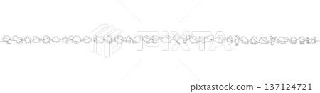 One-line ocean animals with seahorse, manatee, narwhal, fish and jellyfish, minimalist black outline marine border 137124721