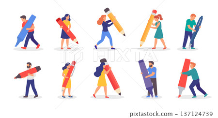 Set of people holding giant pens and pencils. Flat vector illustration of teamwork, creativity, and education concepts. Set of people holding giant pens and pencils. Flat vector illustration of teamwork, creativity, and education concepts. 137124739