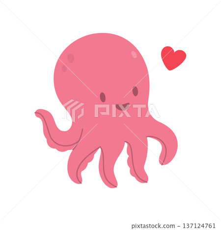 Happy cartoon pink octopus with heart icon. Cute sea animal illustration with loving expression, flat vector for kids and affection themes. Happy cartoon pink octopus with heart icon. Cute sea animal illustration with loving expression, flat vector for kids and affection themes. 137124761