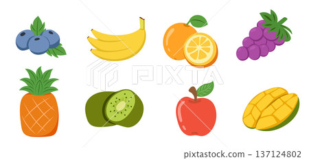Tropical fruit collection with banana, orange, pineapple, kiwi and apple Tropical fruit collection with banana, orange, pineapple, kiwi and apple 137124802