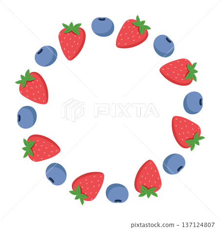 Round berry wreath with fresh strawberry and blueberry elements 137124807
