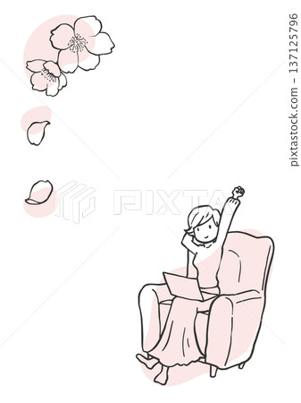 A simple vertical line drawing of a woman working on a sofa with cherry blossoms A simple vertical line drawing of a woman working on a sofa with cherry blossoms 137125796