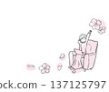 一幅簡單的線條畫，描繪了一位女子在櫻花環繞的沙發上工作。 137125797