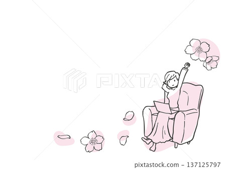 一幅簡單的線條畫，描繪了一位女子在櫻花環繞的沙發上工作。 137125797