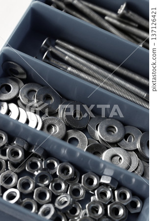 Grey Plastic Screw Box With Partitions For Nuts, Bolts And Washers Closeup View  137126421