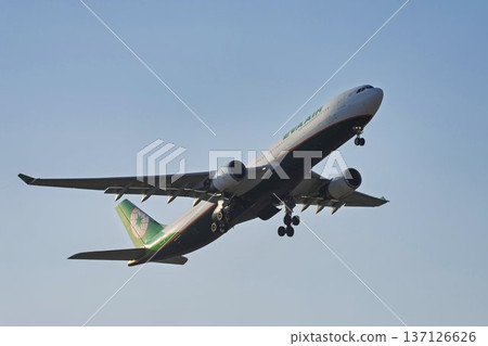 Sendai Airport at dusk, airplane taking off, Natori City, Miyagi Prefecture 137126626