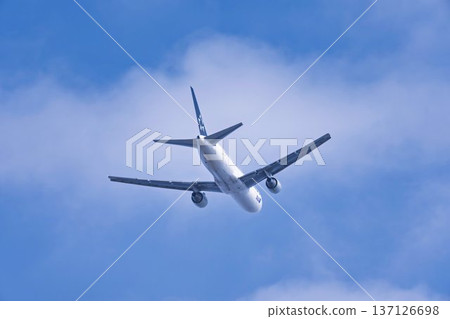 Sendai Airport in winter, blue sky and airplane taking off, Natori City, Miyagi Prefecture 137126698