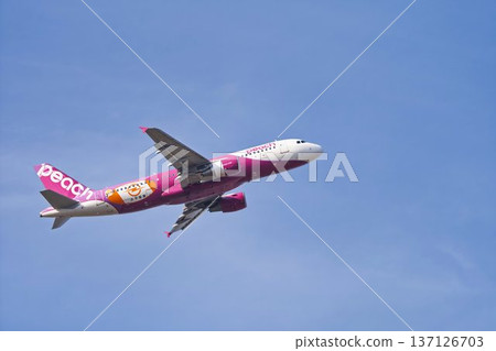 冬日仙台機場，藍天白雲，飛機起飛，宮城縣名取市 137126703