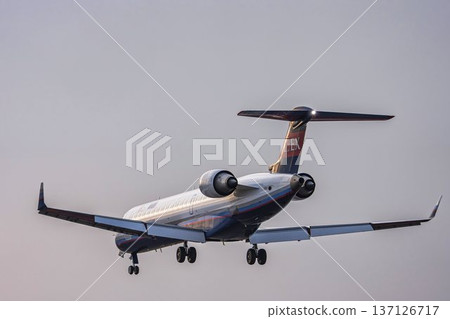 黃昏時分的仙台機場，飛機降落，宮城縣名取市 137126717