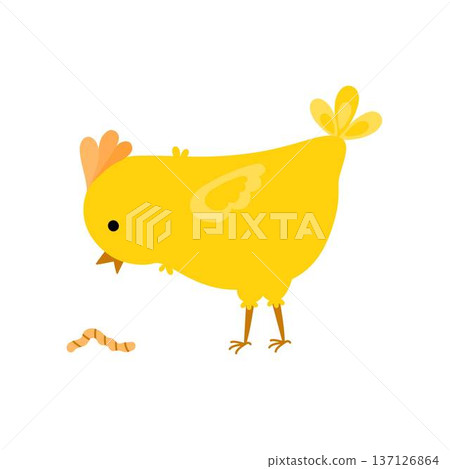 Cute chick eating worm, young farm bird Easter spring holiday funny character hand drawn illustration, symbol of festive springtime period clipart for cards, banner, home celebration event decor Cute chick eating worm, young farm bird Easter spring holiday funny character hand drawn illustration, symbol of festive springtime period clipart for cards, banner, home celebration event decor 137126864