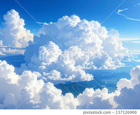 夏日景色，藍天中升起朵朵白雲。 137126900