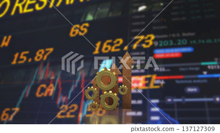 Financial Market Growth Concept with Gears and Rising Arrows 3d render. 137127309
