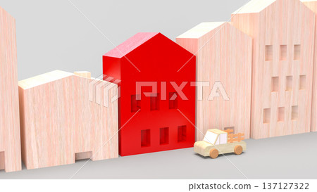Red House Among Wooden Homes Real Estate Concept 3d render. 137127322