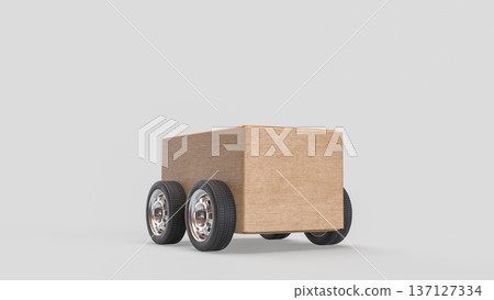 Minimalist Wooden Box Car on White Background 3d Render. 137127334