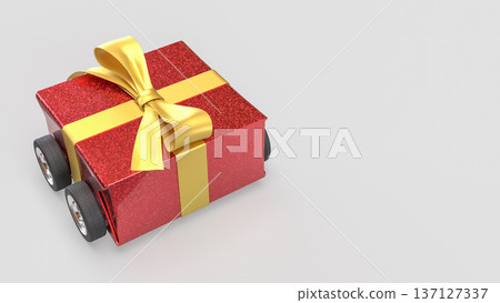Festive Red Gift Box Car with Gold Ribbon on White Background 3d render. Festive Red Gift Box Car with Gold Ribbon on White Background 3d render. 137127337