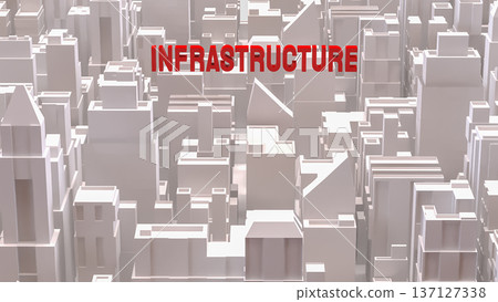 Red Infrastructure Text Over Abstract Cityscape Background 3d render. 137127338