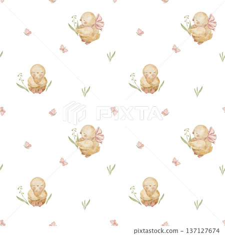 Pattern yellow chickens grass leaves, flying butterflies. Watercolor bird illustrations in childish style. Seamless spring summer print, hand-drawn on isolated background for textile design packaging Pattern yellow chickens grass leaves, flying butterflies. Watercolor bird illustrations in childish style. Seamless spring summer print, hand-drawn on isolated background for textile design packaging 137127674