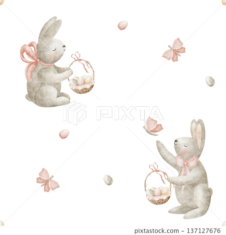 Easter bunny pattern with eggs in basket. Watercolor illustrations of hare rabbit butterfly in childish style. Seamless hand-drawn print on isolated background for textiles fabrics wallpaper packaging 137127676