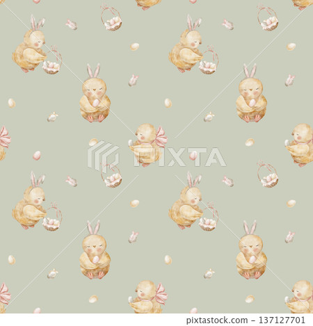 Pattern of chicks, Easter eggs in basket. Watercolor cute bird illustrations in childish style. Seamless hand-drawn print on green pastel background for textile design baby fabrics clothing packaging 137127701