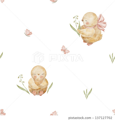 Pattern yellow chickens grass leaves, flying butterflies. Watercolor bird illustrations in childish style. Seamless spring summer print, hand-drawn on isolated background for textile design packaging Pattern yellow chickens grass leaves, flying butterflies. Watercolor bird illustrations in childish style. Seamless spring summer print, hand-drawn on isolated background for textile design packaging 137127702