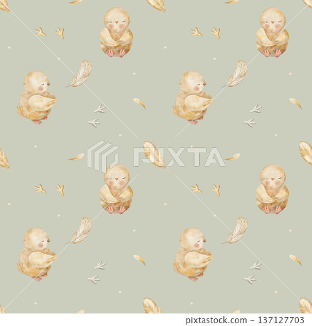Pattern chickens, bird feathers, tracks. Watercolor illustrations in children's style. Seamless print, hand-drawn on green background, suitable for summer textiles, fabrics, clothing, wallpaper Pattern chickens, bird feathers, tracks. Watercolor illustrations in children's style. Seamless print, hand-drawn on green background, suitable for summer textiles, fabrics, clothing, wallpaper 137127703