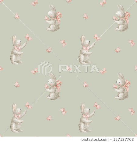 Pattern of rabbits in a pink bow with butterflies. Watercolor illustrations animals hares in childish style. Seamless spring summer print, hand-drawn on green background for design fabrics wallpaper Pattern of rabbits in a pink bow with butterflies. Watercolor illustrations animals hares in childish style. Seamless spring summer print, hand-drawn on green background for design fabrics wallpaper 137127708