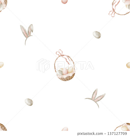 Easter egg pattern in basket with bunny ears. Watercolor illustrations in children's style. Seamless hand-drawn print on an isolated background for textiles, fabrics, clothing, wallpaper, packaging Easter egg pattern in basket with bunny ears. Watercolor illustrations in children's style. Seamless hand-drawn print on an isolated background for textiles, fabrics, clothing, wallpaper, packaging 137127709