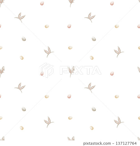Bunny ears pattern with colorful Easter eggs. Watercolor illustrations of holiday attributes in childish style. Seamless hand-drawn print on isolated background for textiles fabrics clothing packaging Bunny ears pattern with colorful Easter eggs. Watercolor illustrations of holiday attributes in childish style. Seamless hand-drawn print on isolated background for textiles fabrics clothing packaging 137127764