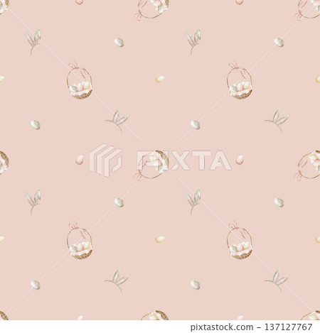 Easter egg pattern in basket with bunny ears. Watercolor illustrations in children's style. Seamless hand-drawn print on pastel pink background for textiles, fabrics, clothing, wallpaper, packaging 137127767