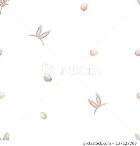 Bunny ears pattern with colorful Easter eggs. Watercolor illustrations of holiday attributes in childish style. Seamless hand-drawn print on isolated background for textiles fabrics clothing packaging Bunny ears pattern with colorful Easter eggs. Watercolor illustrations of holiday attributes in childish style. Seamless hand-drawn print on isolated background for textiles fabrics clothing packaging 137127769
