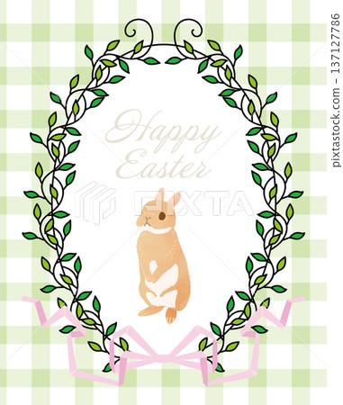 Easter bunny and fresh green leaf frame: Green checkered background illustration Easter bunny and fresh green leaf frame: Green checkered background illustration 137127786