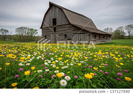 Rustic Barn Spring on Flowers Buttercups...-插圖素材 [137127890] - PIXTA圖庫