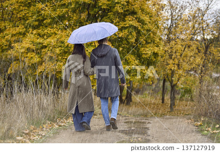 Rainy autumn park with couple walking under umbrella, intimate stroll together Rainy autumn park with couple walking under umbrella, intimate stroll together 137127919