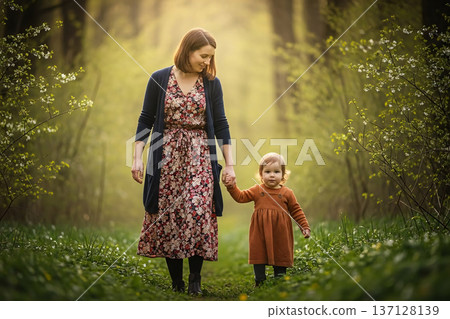 Mother Child Spring Along Forest Nature Walking and Outdoor Family 137128139