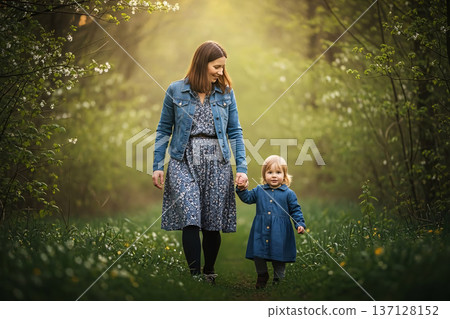 Mother Child Spring Along Forest Nature Walking and Outdoor Family 137128152