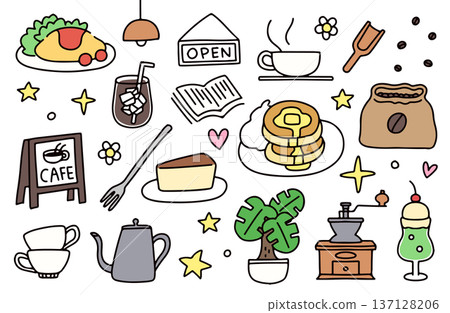 一組描繪咖啡館午餐和下午茶時光的插圖 137128206
