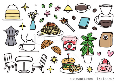 一組以咖啡館為靈感，描繪食物和物品的插圖 137128207