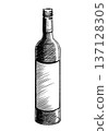 Black and white vector illustration of a closed glass wine and champagne bottle, isolated. Hand-drawn in ink style. The vintage engraving style is used for wineries, special events, and restaurant 137128305