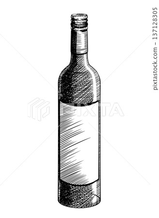 Black and white vector illustration of a closed glass wine and champagne bottle, isolated. Hand-drawn in ink style. The vintage engraving style is used for wineries, special events, and restaurant Black and white vector illustration of a closed glass wine and champagne bottle, isolated. Hand-drawn in ink style. The vintage engraving style is used for wineries, special events, and restaurant 137128305